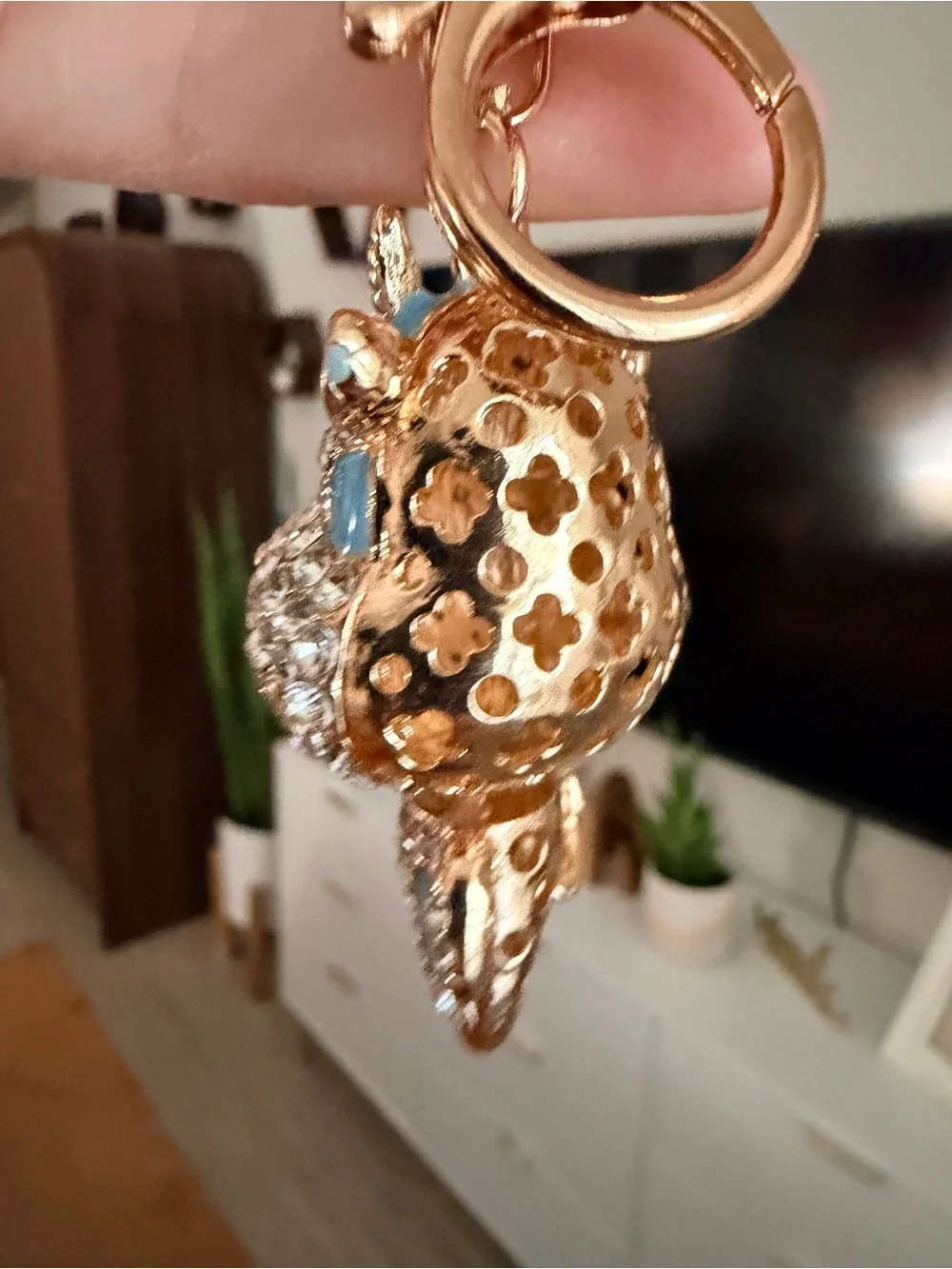 Rhinestone Cow Bag Charm Keychain Blue Enamel Rose Gold Tone